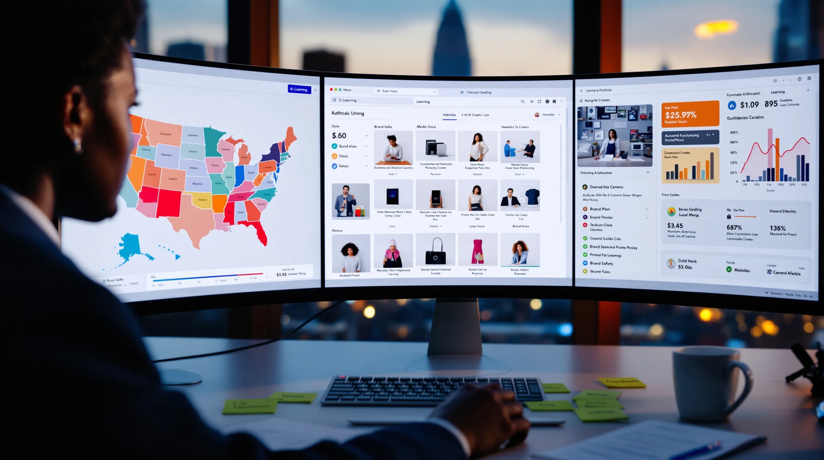 Marketer overseeing AI-generated advertising dashboards with tests, bidding, and brand guardrails.