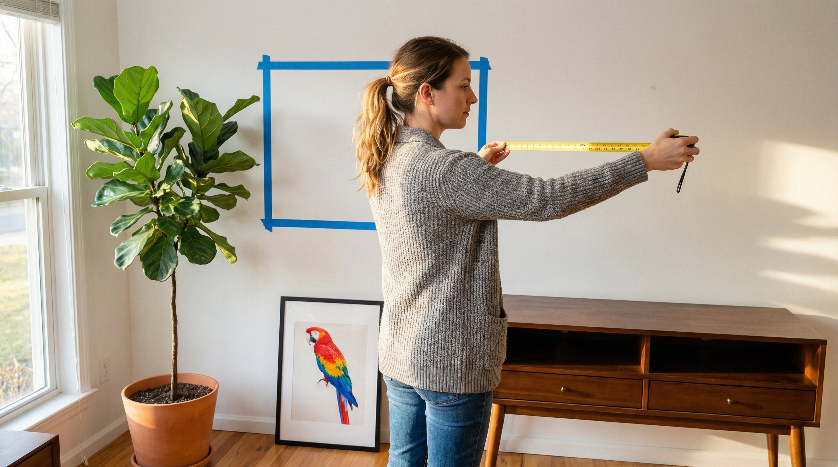 Woman measuring wall space with tape measure next to painter's tape outline for bird portrait.