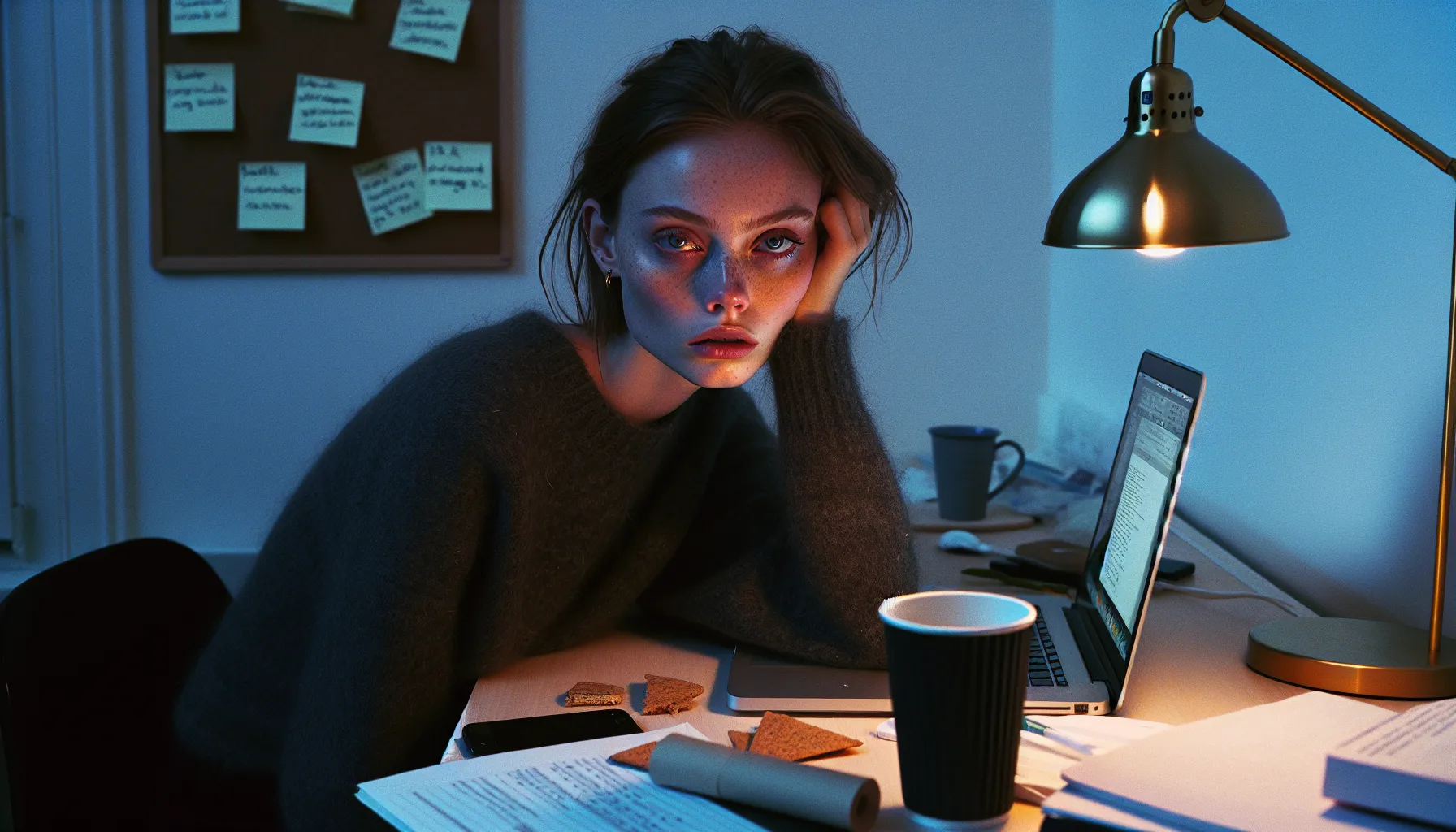 Stressed norwegian student at night, tense at desk amid perfectionist reminders.