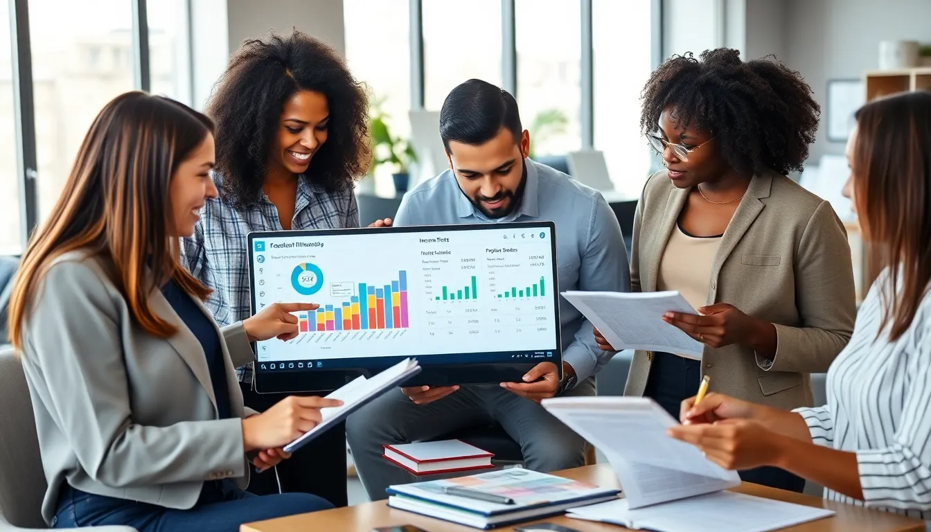 diverse freelancers discussing income strategies in a modern office.