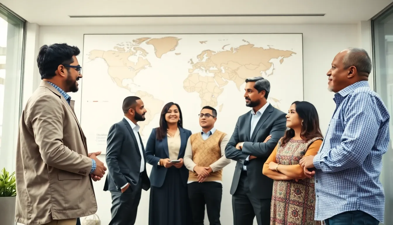 diverse professionals discussing cultural identity in a modern office.