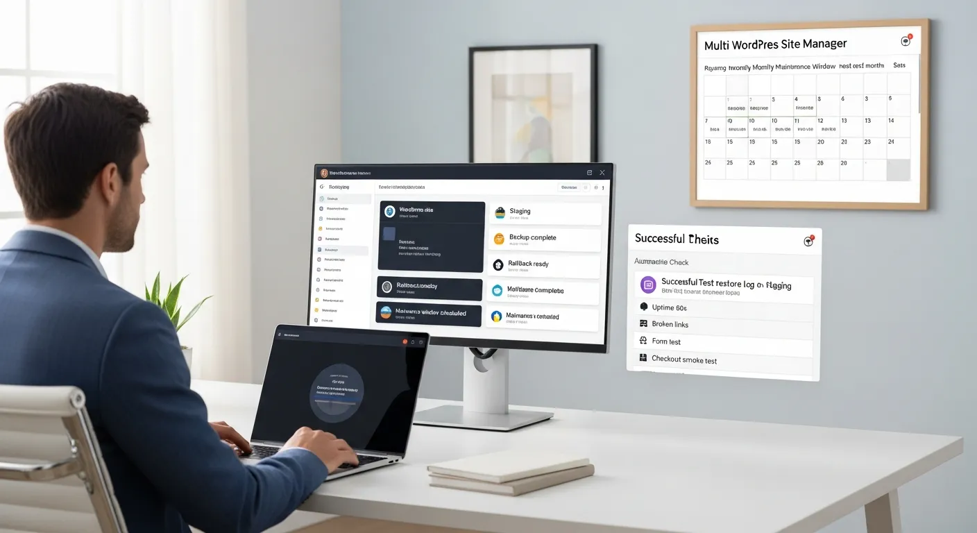 Professional monitoring multiple WordPress sites with backups, staging, and uptime checks dashboard.