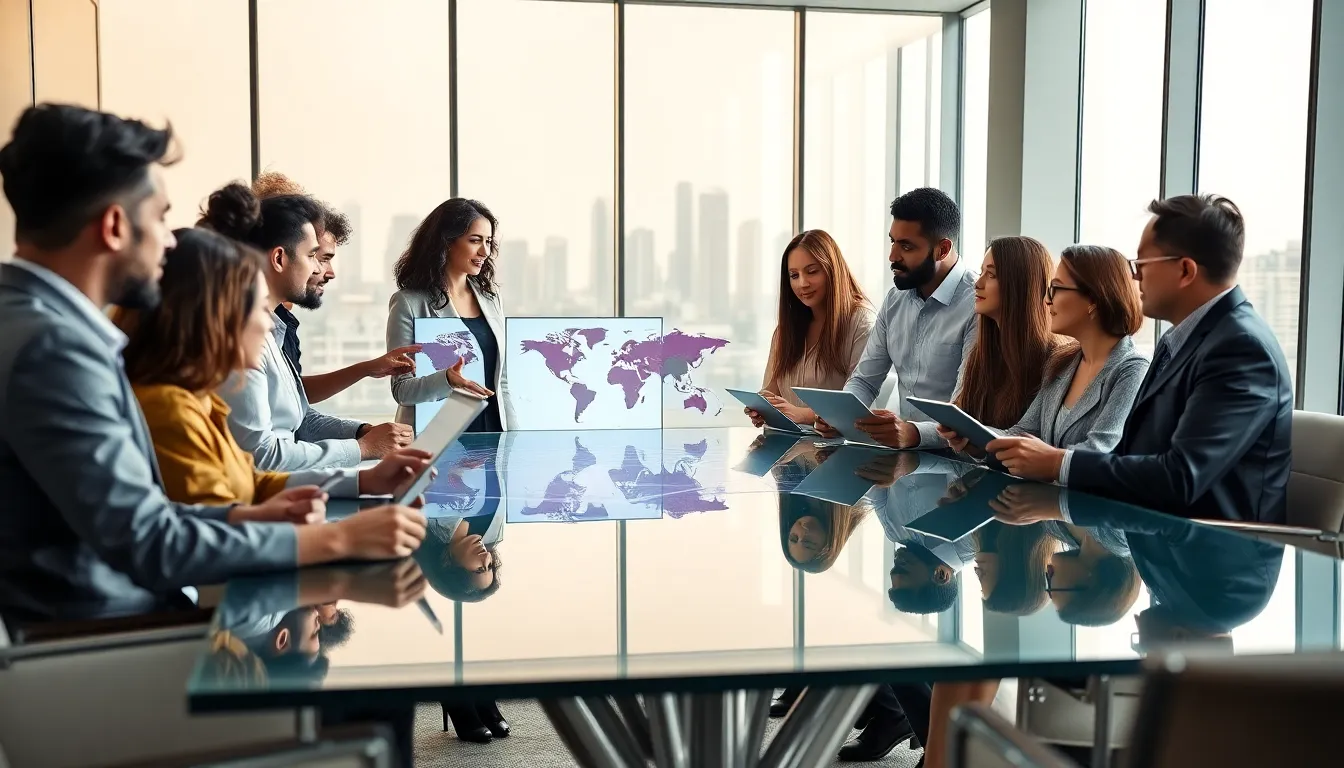 diverse professionals collaborating in a modern office on global affairs.