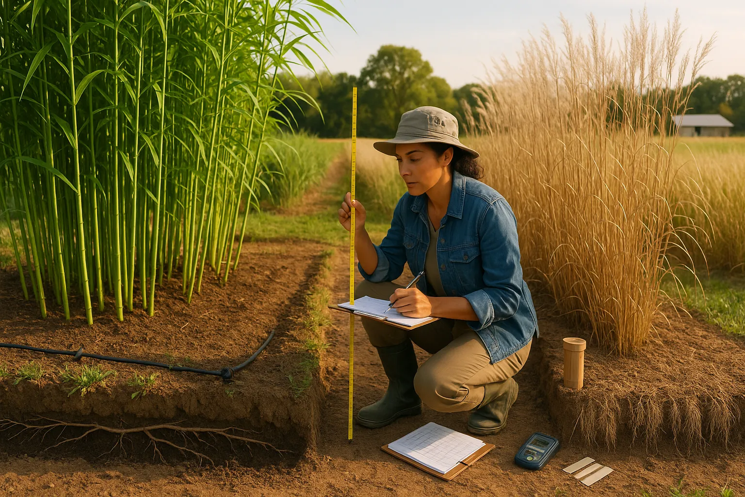 Agronomist measuring tall bamboo shoots beside uniform miscanthus field.