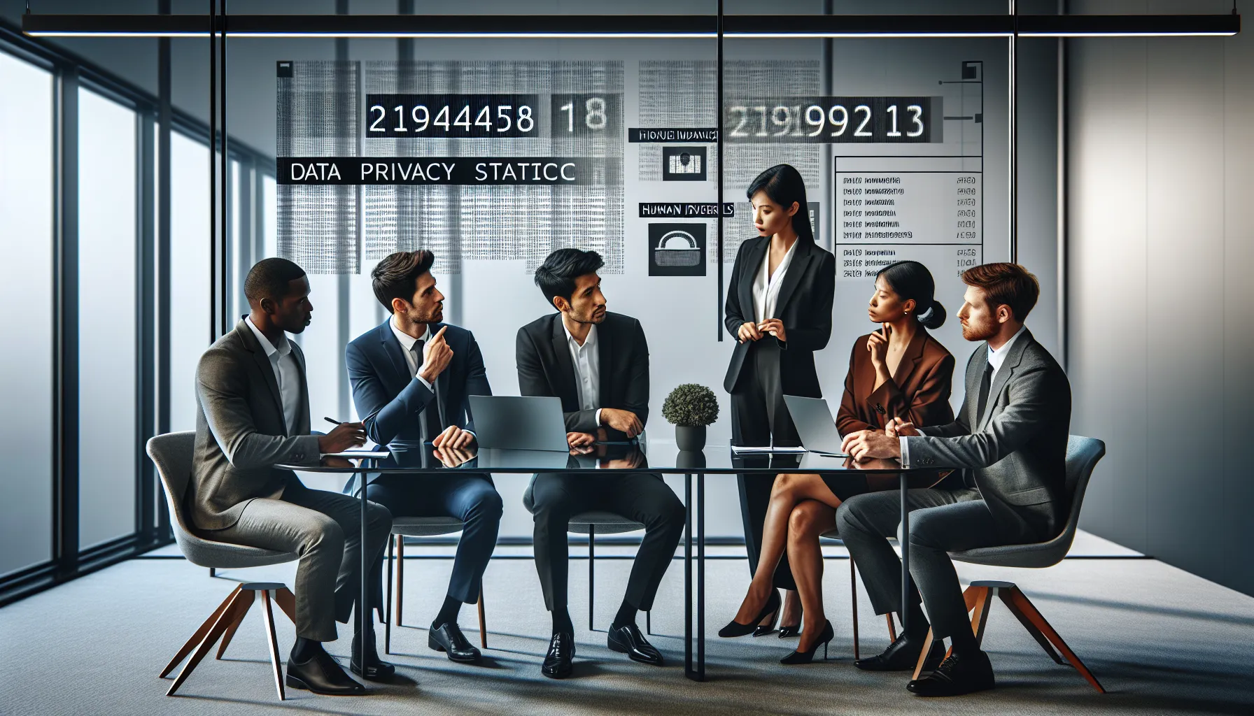 diverse professionals discussing data privacy in a modern office.