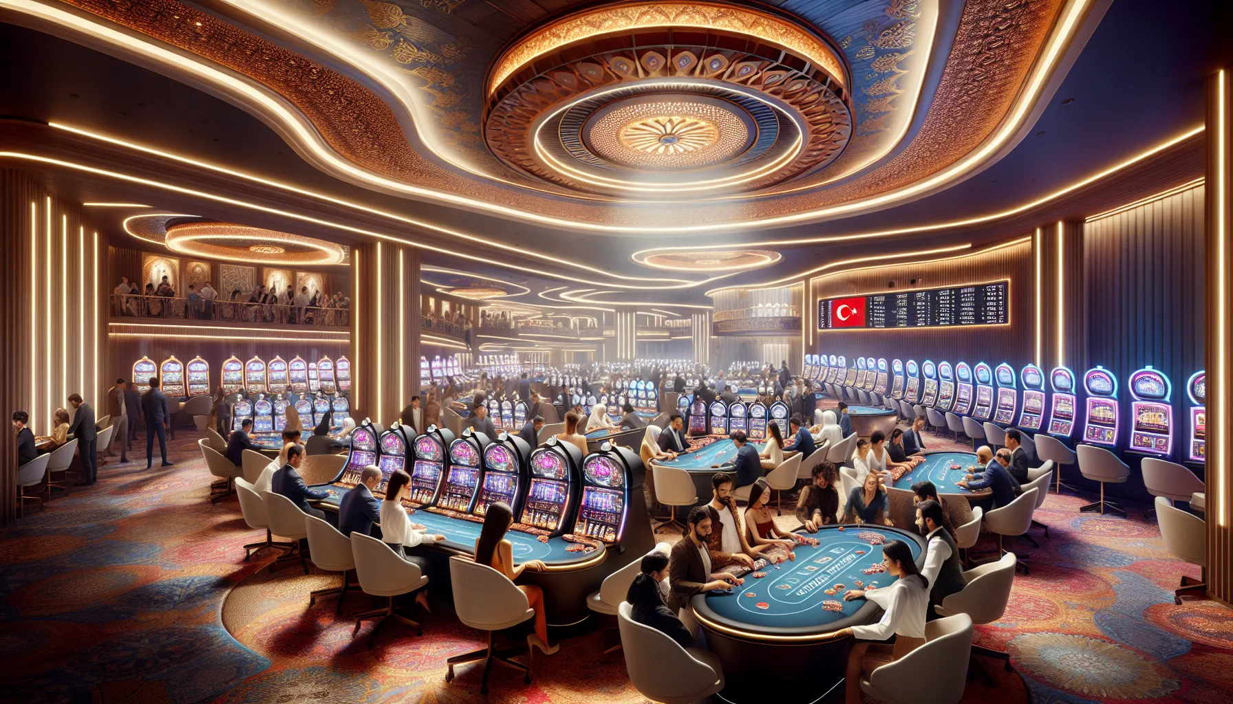 Tournament participants in a sleek casino environment with slot machines and gaming tables.