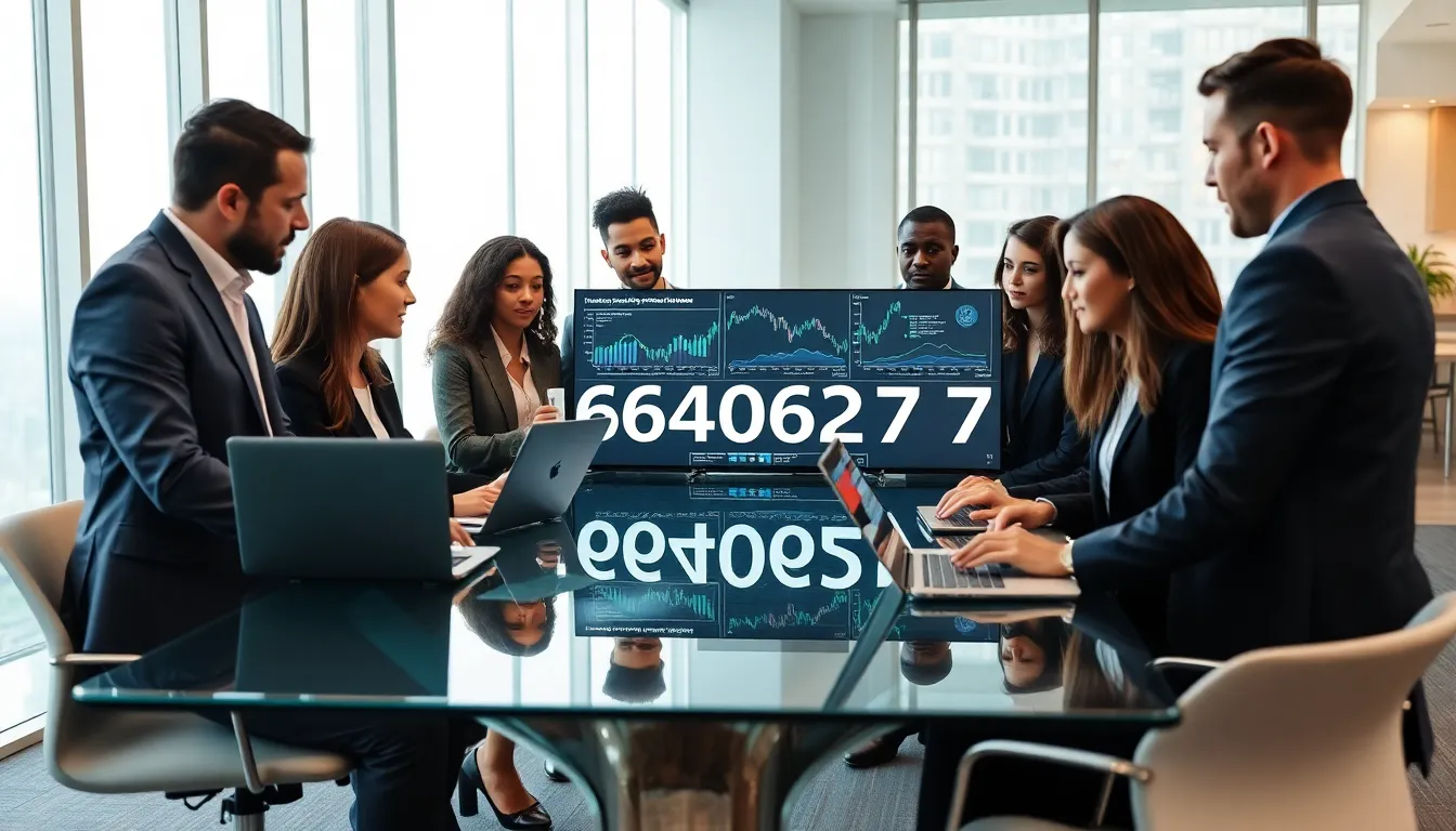 professionals collaborating over data analytics in a modern office.