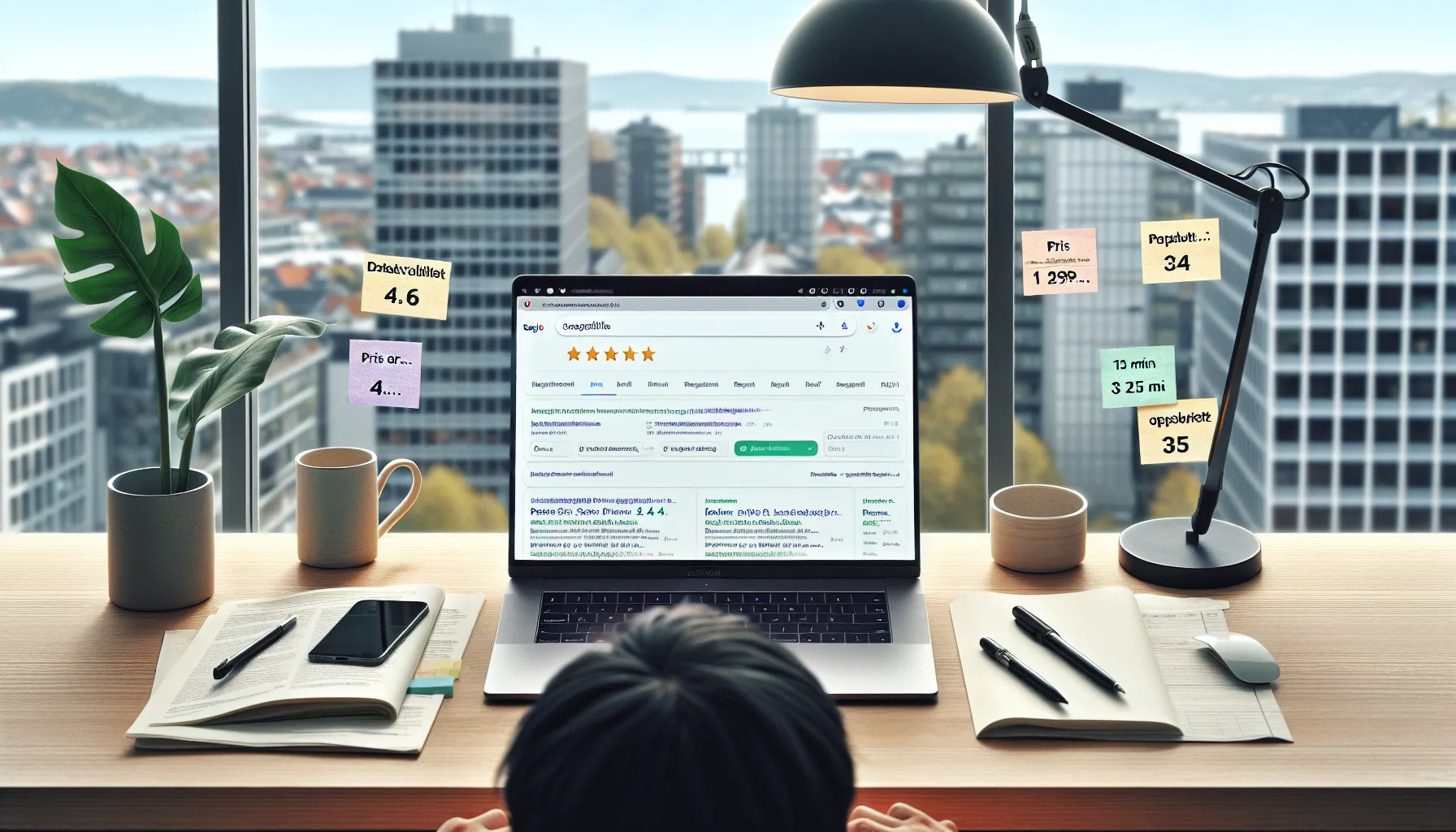 Strukturert data og rich snippets – en komplett guide 3 Norwegian marketer viewing rich snippets on a laptop with schema markup printout.