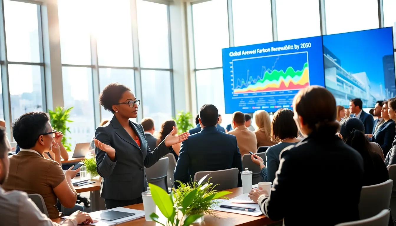 energy leaders discussing renewable agreements in a modern conference room.