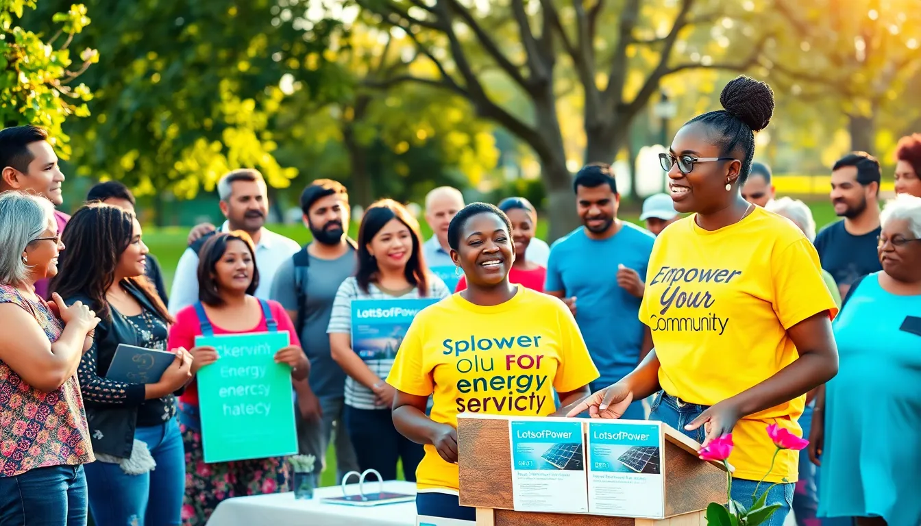 A diverse community gathering advocating for empowerment and energy access.