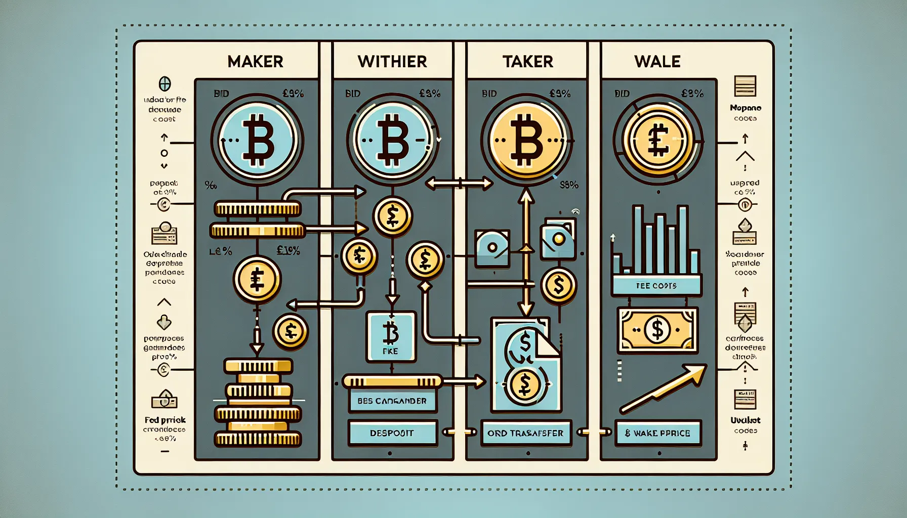 Infographic showing three types of crypto exchange fees: trading, deposit/withdrawal, and spread markups.
