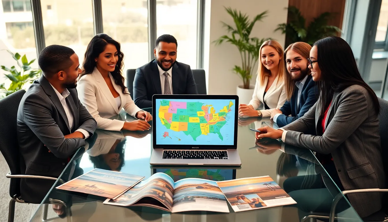 diverse team discussing vacation plans around a conference table.