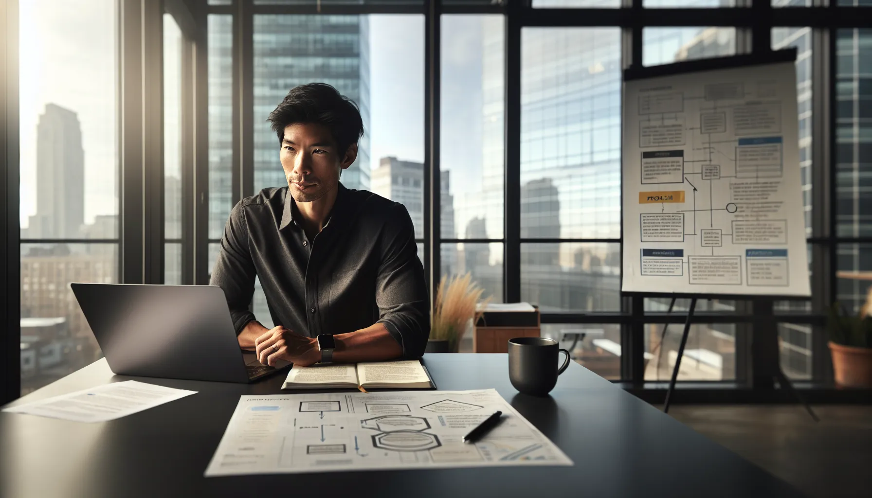 Professional reviewing whitepaper documents and outlines at modern office desk with laptop.