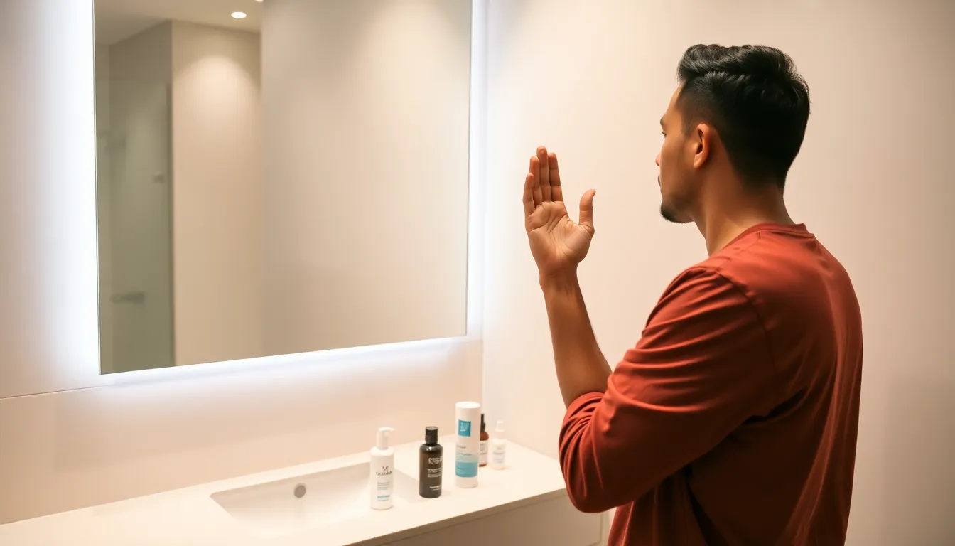 man examining his skin in a modern bathroom.