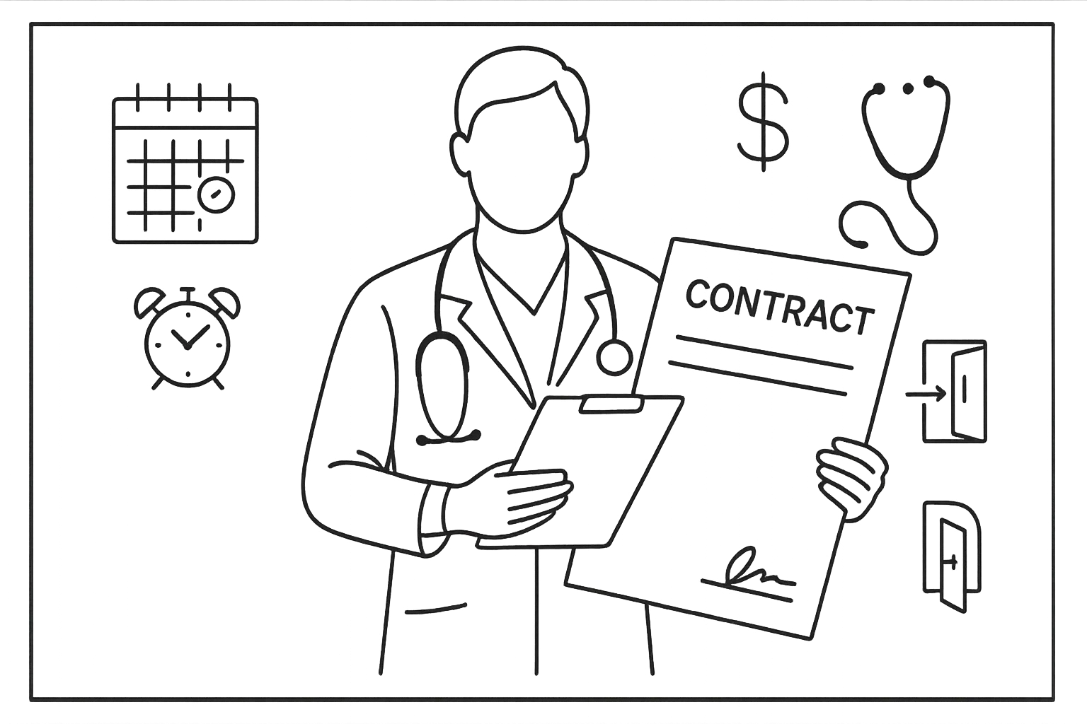 Physician assistant with contract, calendar, and icons for pay, supervision, termination.