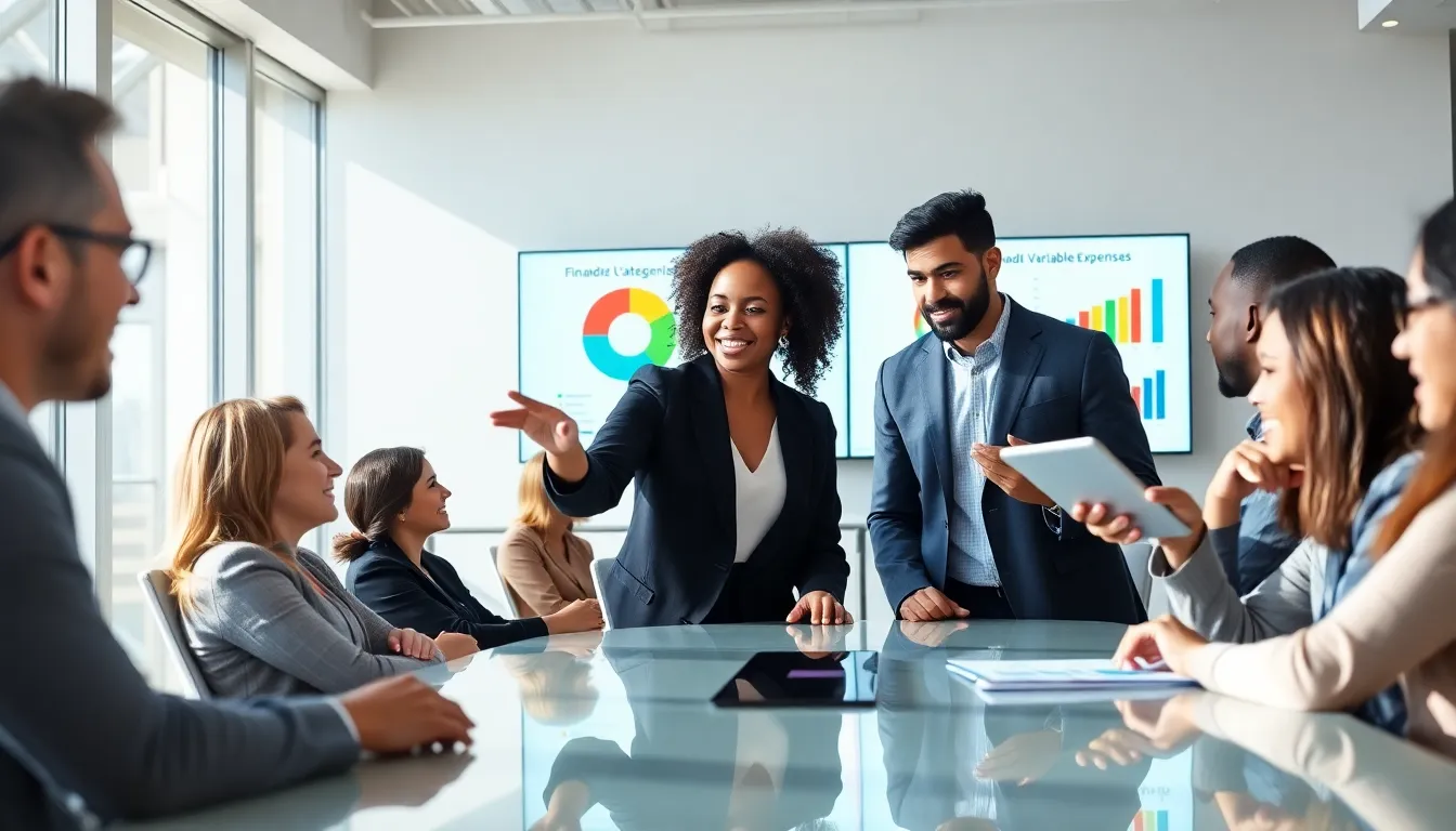diverse team discussing budget categories in a modern office.