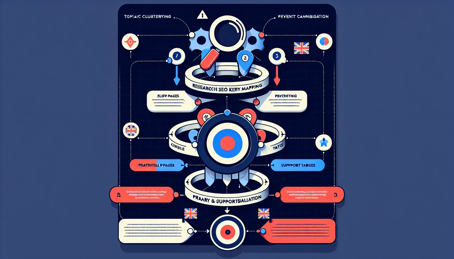 Vertical process showing UK SEO keyword clustering, cannibalisation fixes, and page targeting.