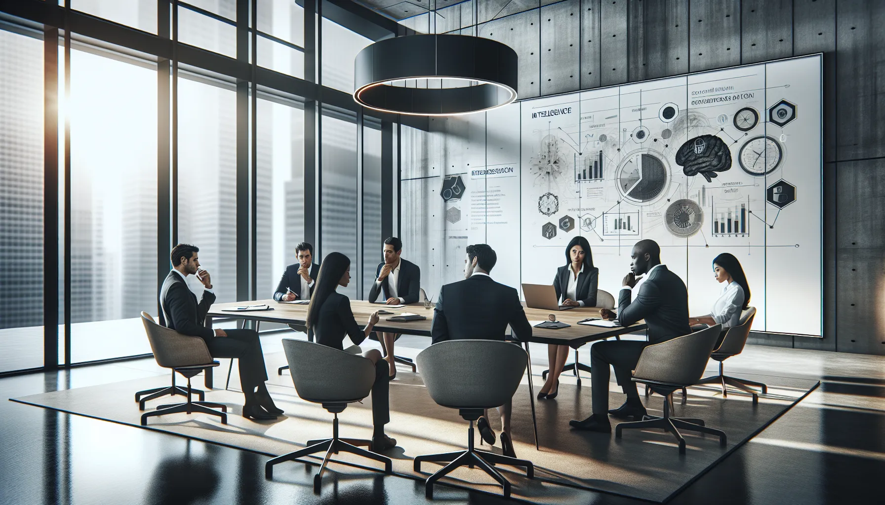 diverse professionals in a conference room discussing intelligence and decision-making.