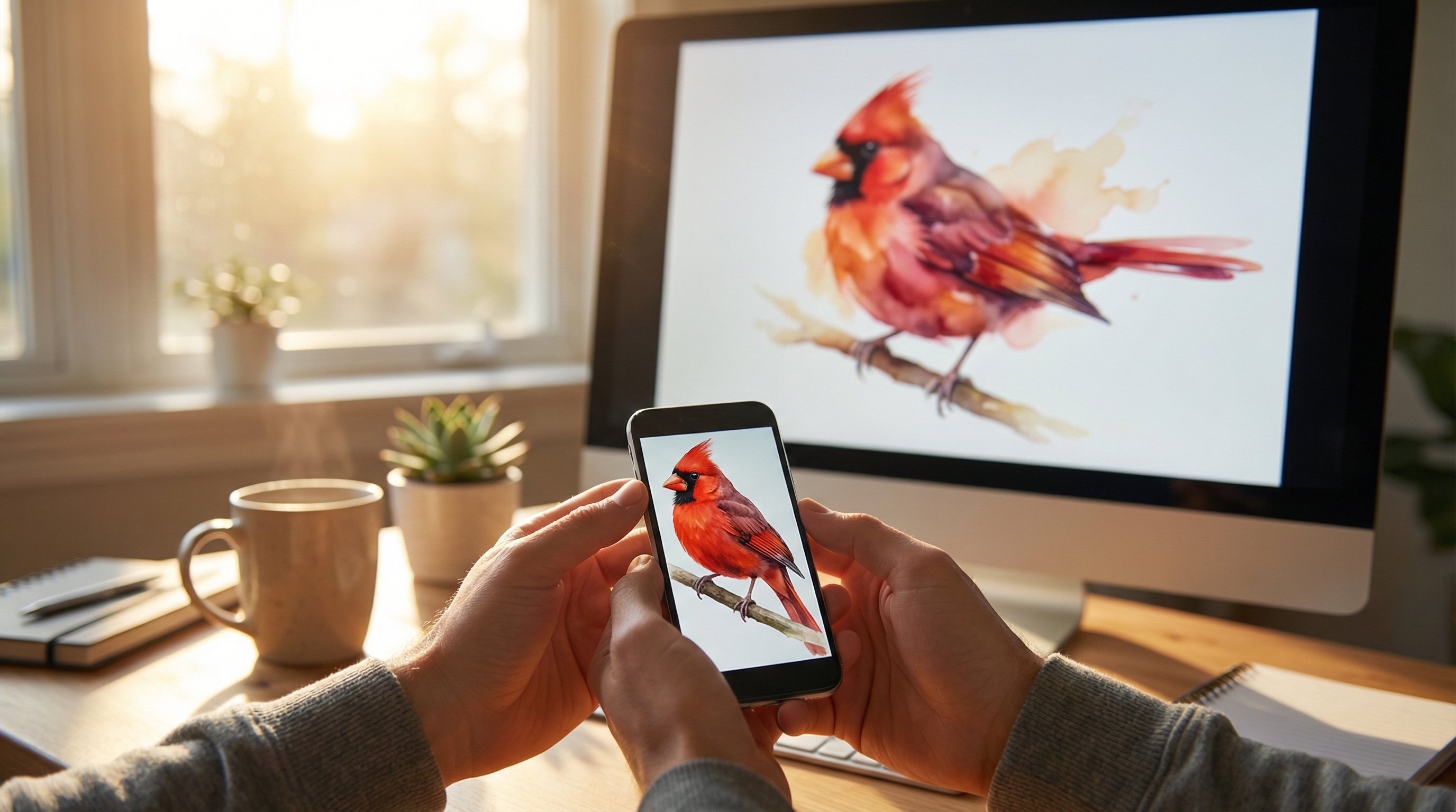 Hands holding a phone with a bird photo next to a monitor showing a painted version.