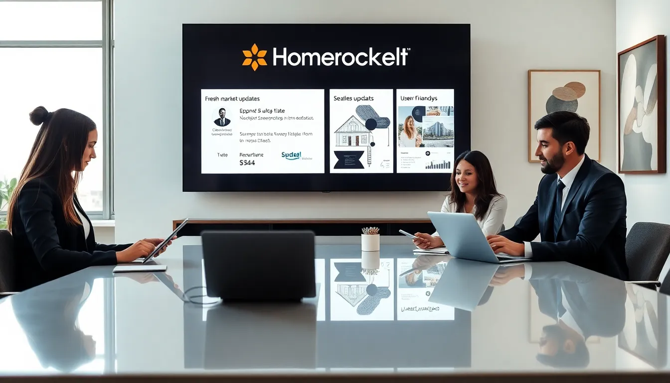 diverse real estate team discussing updates in a modern office.