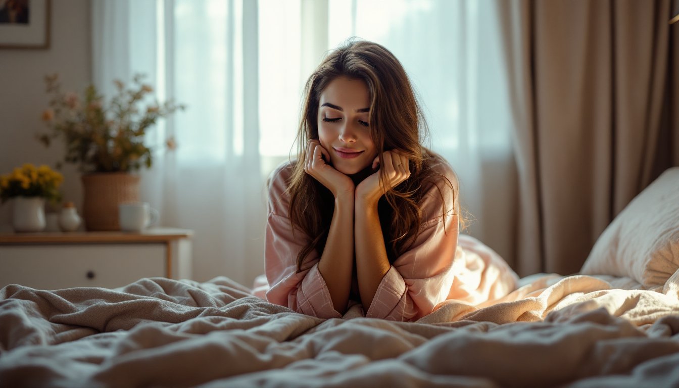 Woman resting in bed holding warm ginger-lemon tea on a cozy winter evening.