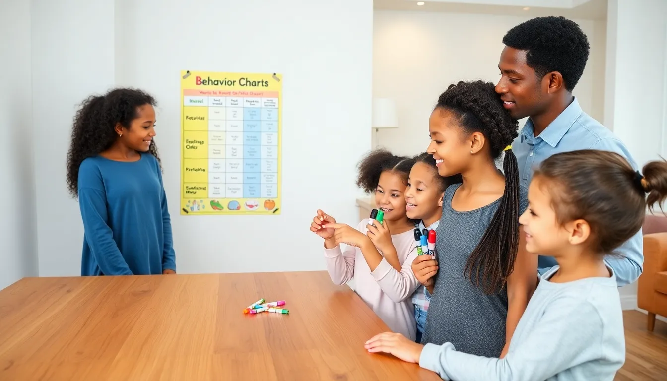 children engaging with a colorful behavior chart in a home setting.