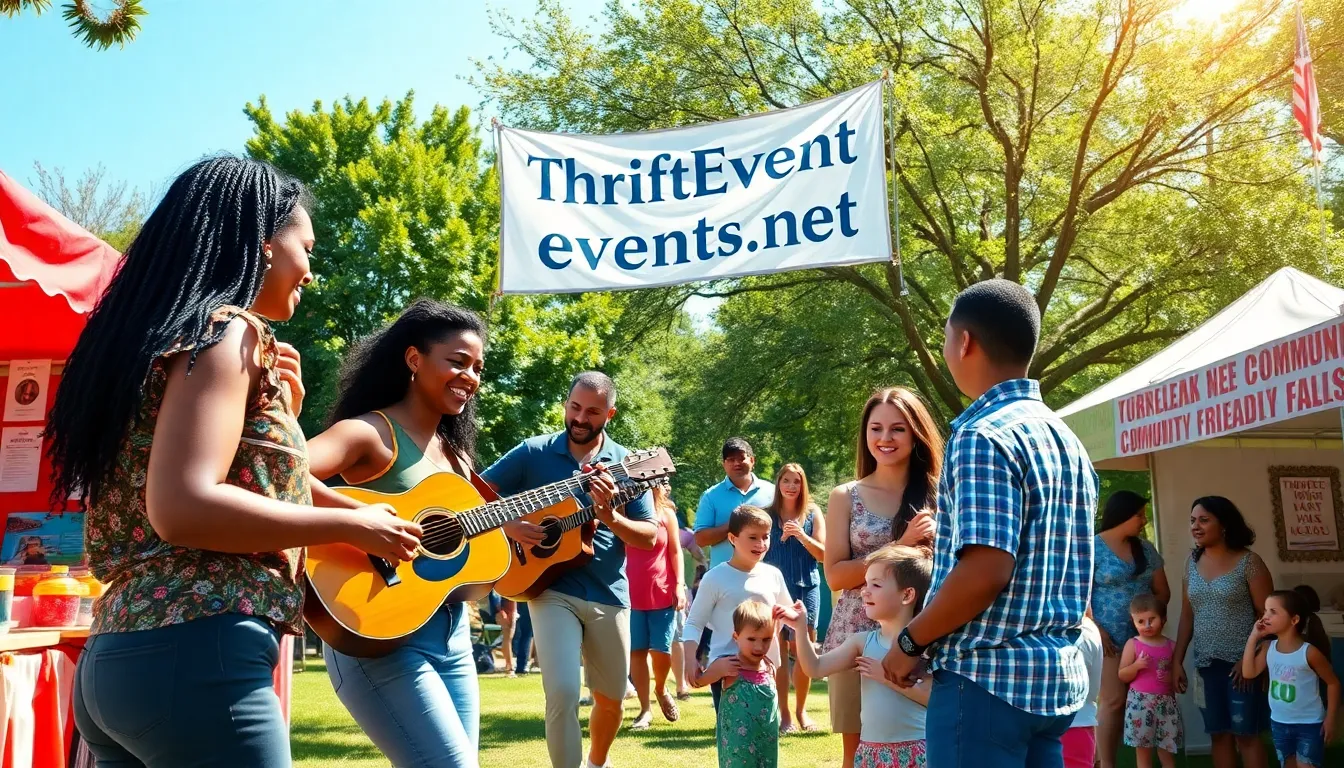 A lively community park scene with diverse people enjoying budget-friendly events.