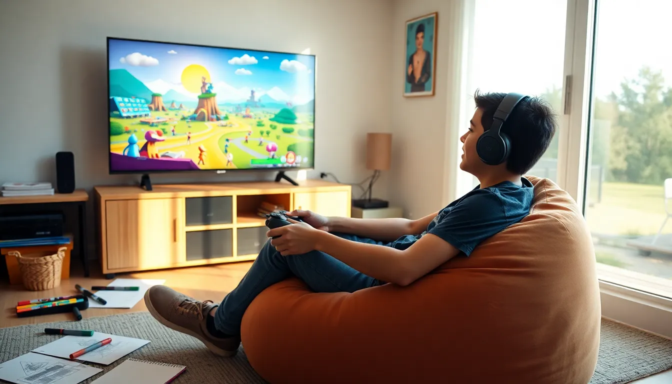 A boy playing a PlayStation game in a creative gaming room.