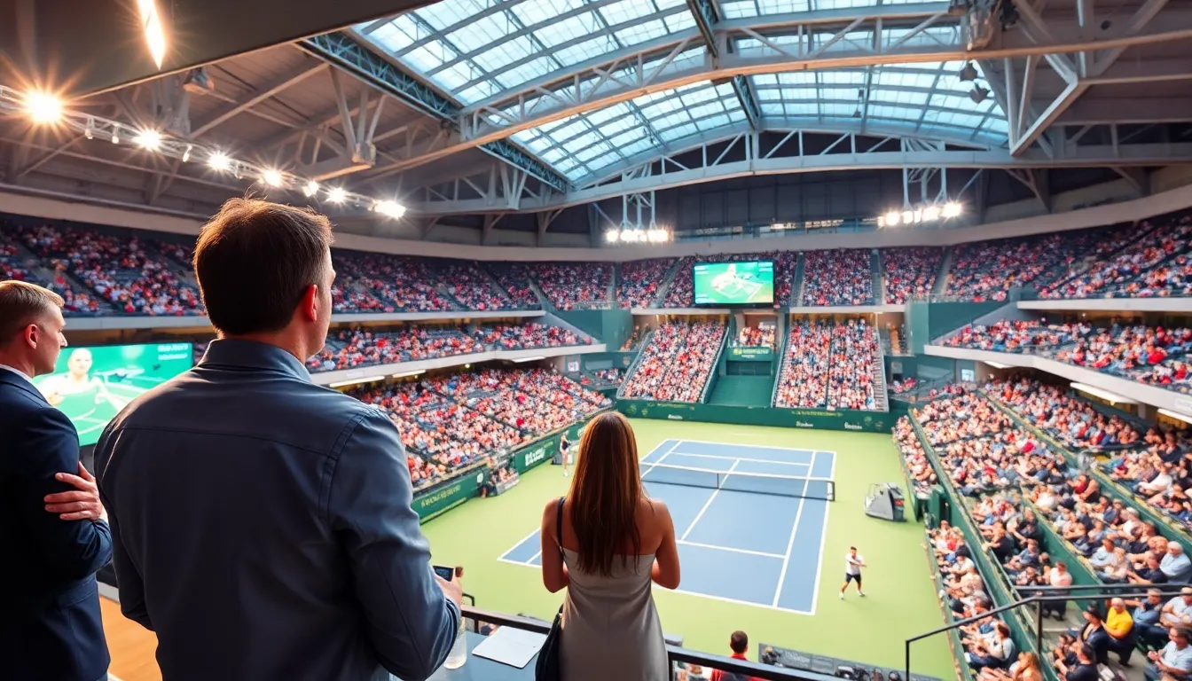tennis commentators in a stadium highlighting recent Grand Slam matches.