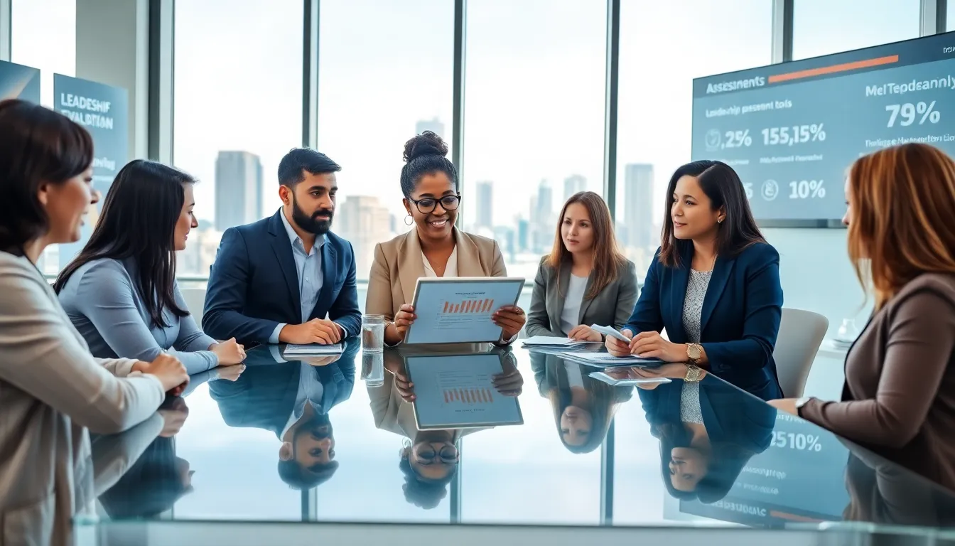 diverse team discussing leadership assessment tools in a modern office.