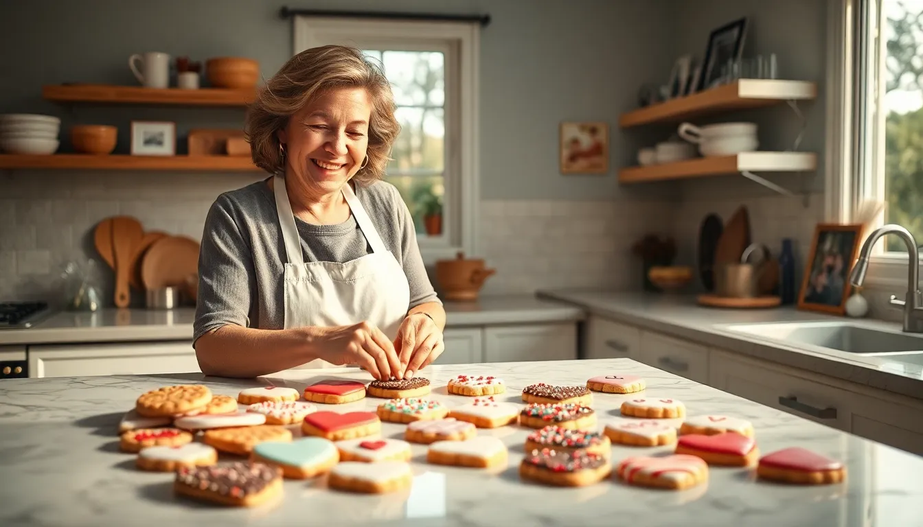 baker decorating heart-shaped cookies in a sunny kitchen.