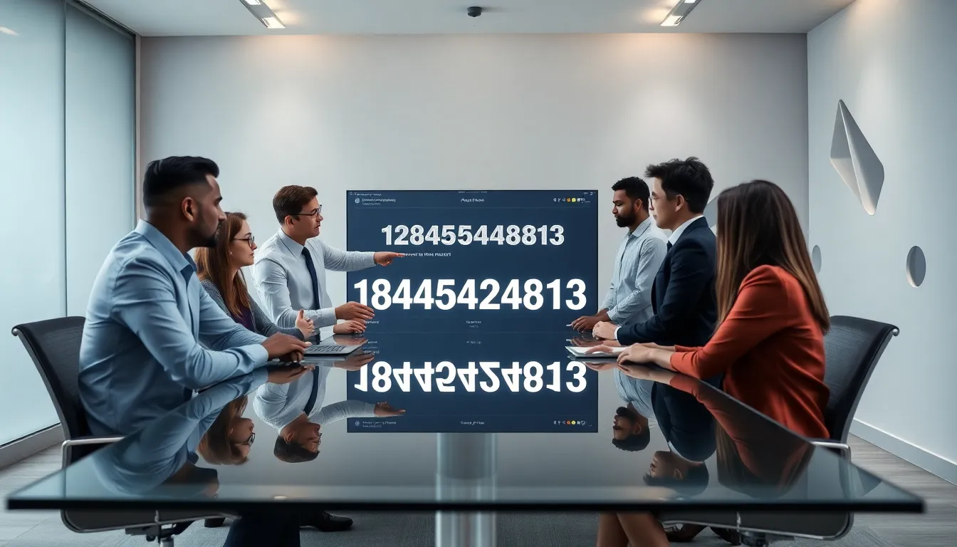 diverse professionals discussing the significance of a number in a modern office.