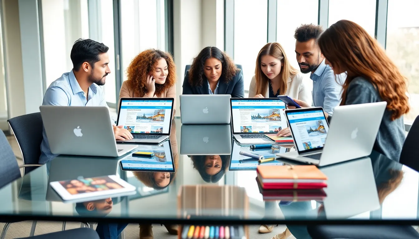 diverse professionals collaborating on travel planning in a modern office.