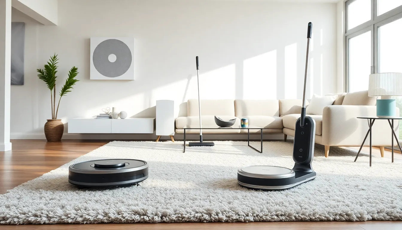 robotic vacuum and smart cleaning devices in a modern living room.