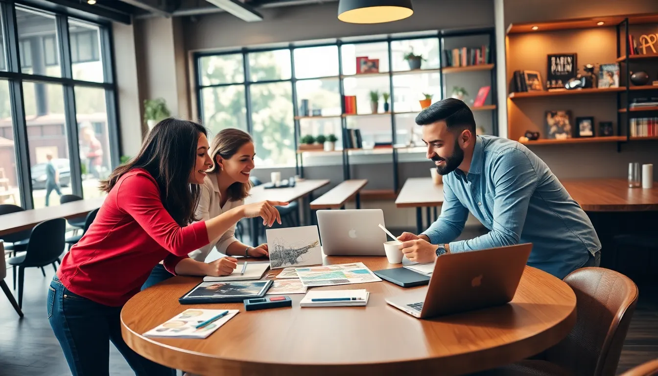 diverse team brainstorming in a modern coffee shop about gaming ideas.