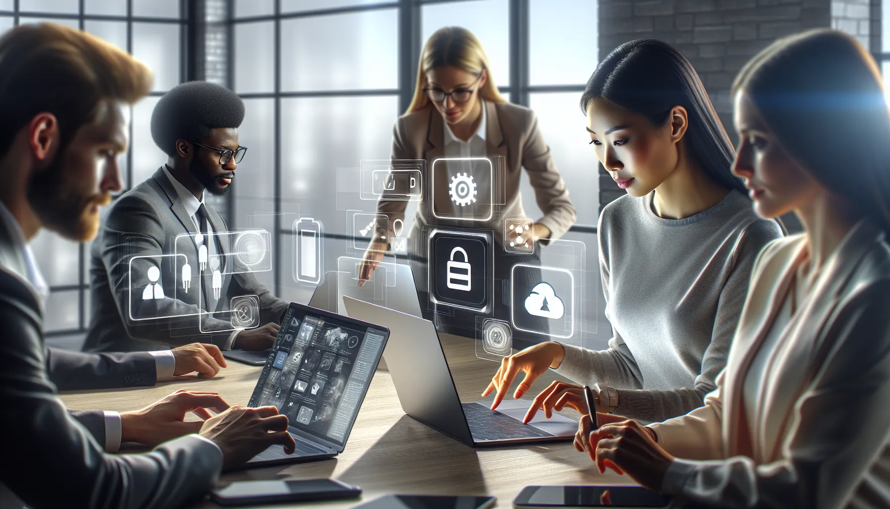 diverse team in a modern office using Appcloseadd on laptops.