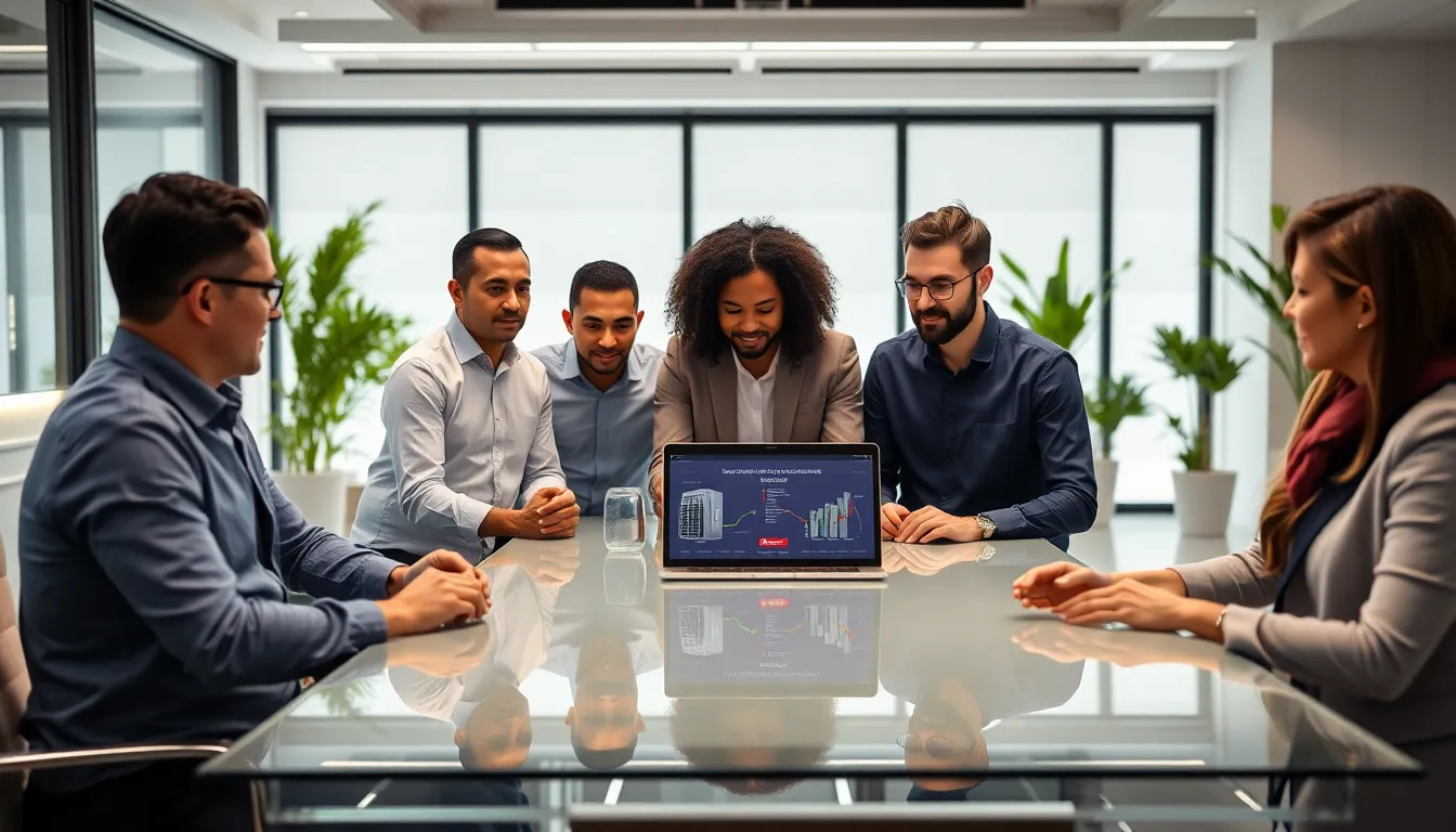 diverse HVAC team discussing Rheem systems in a modern office.