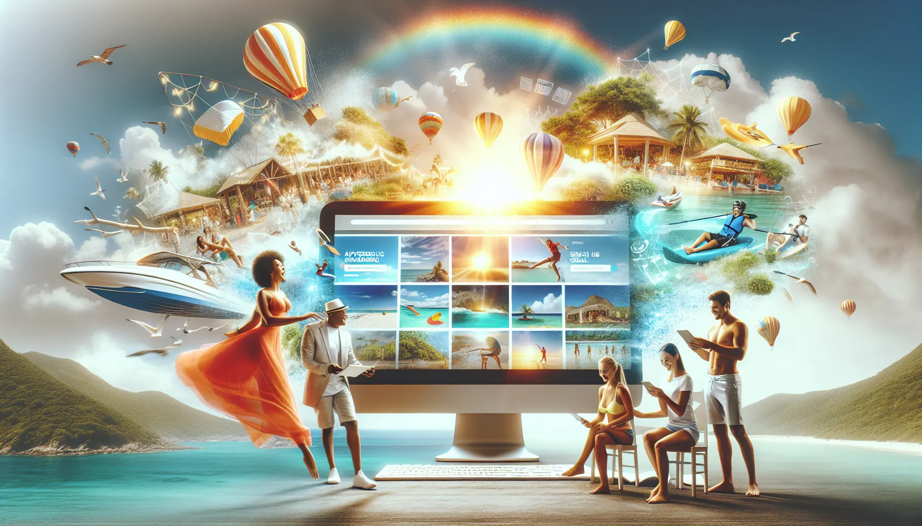 virtual marketplace with diverse travelers exploring travel deals.