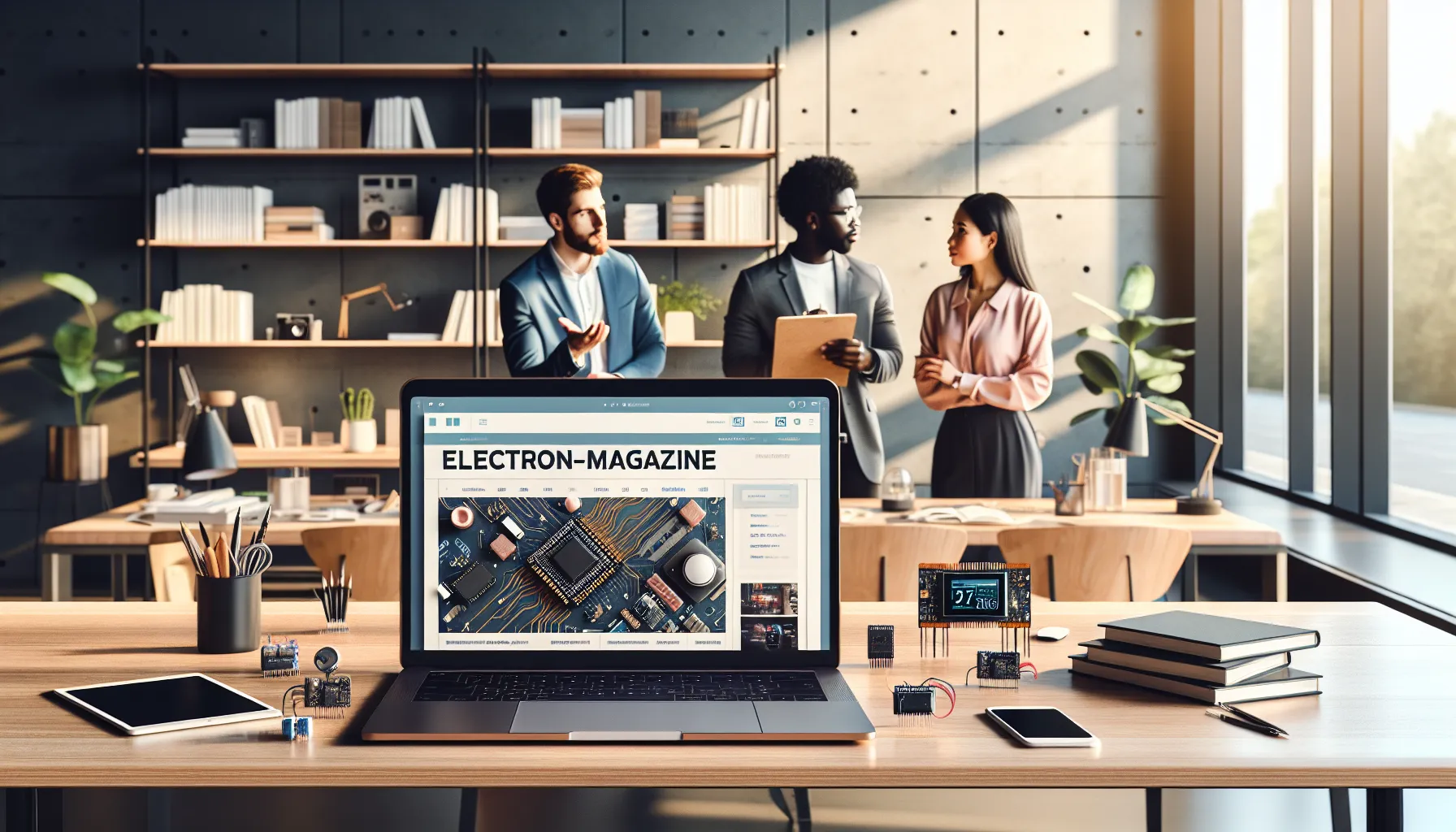 diverse team collaborating in a modern workspace with tech gadgets.