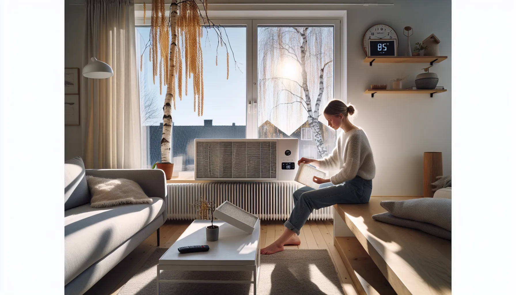 Woman cleaning heat pump filter in a bright norwegian living room.
