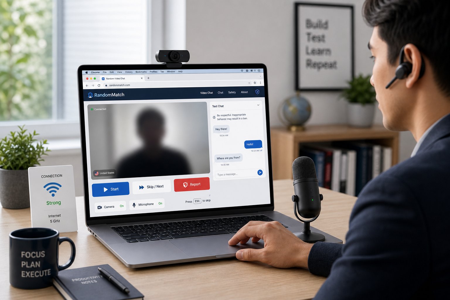 Professional using browser-based random video chat with skip and report controls.