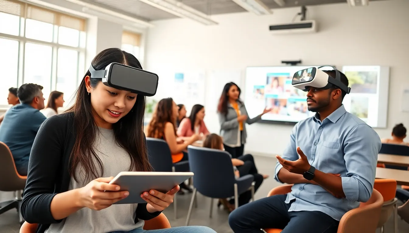 diverse learners engaging with innovative language learning tools in a modern classroom.