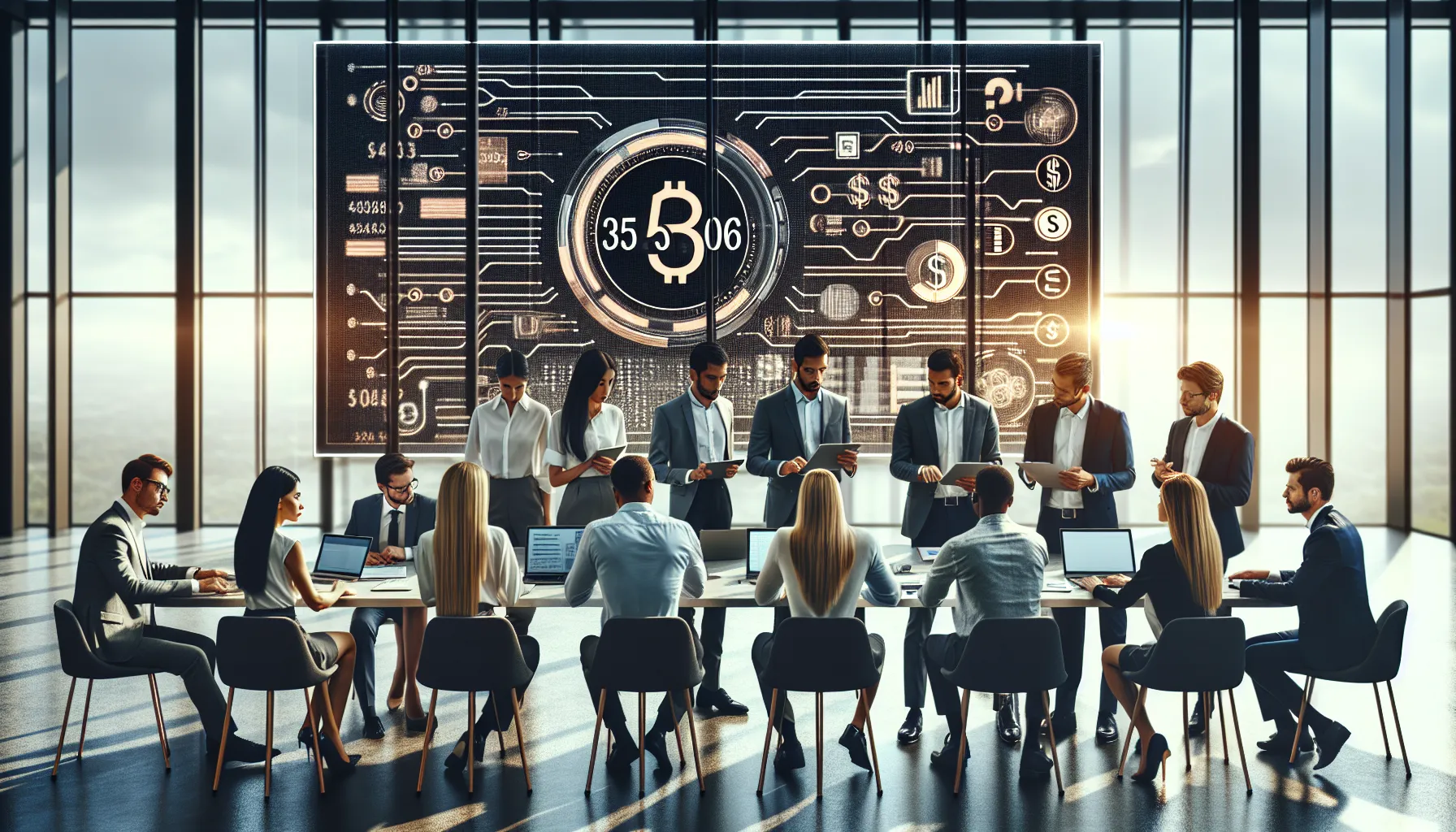 diverse professionals discussing data in a modern office setting.