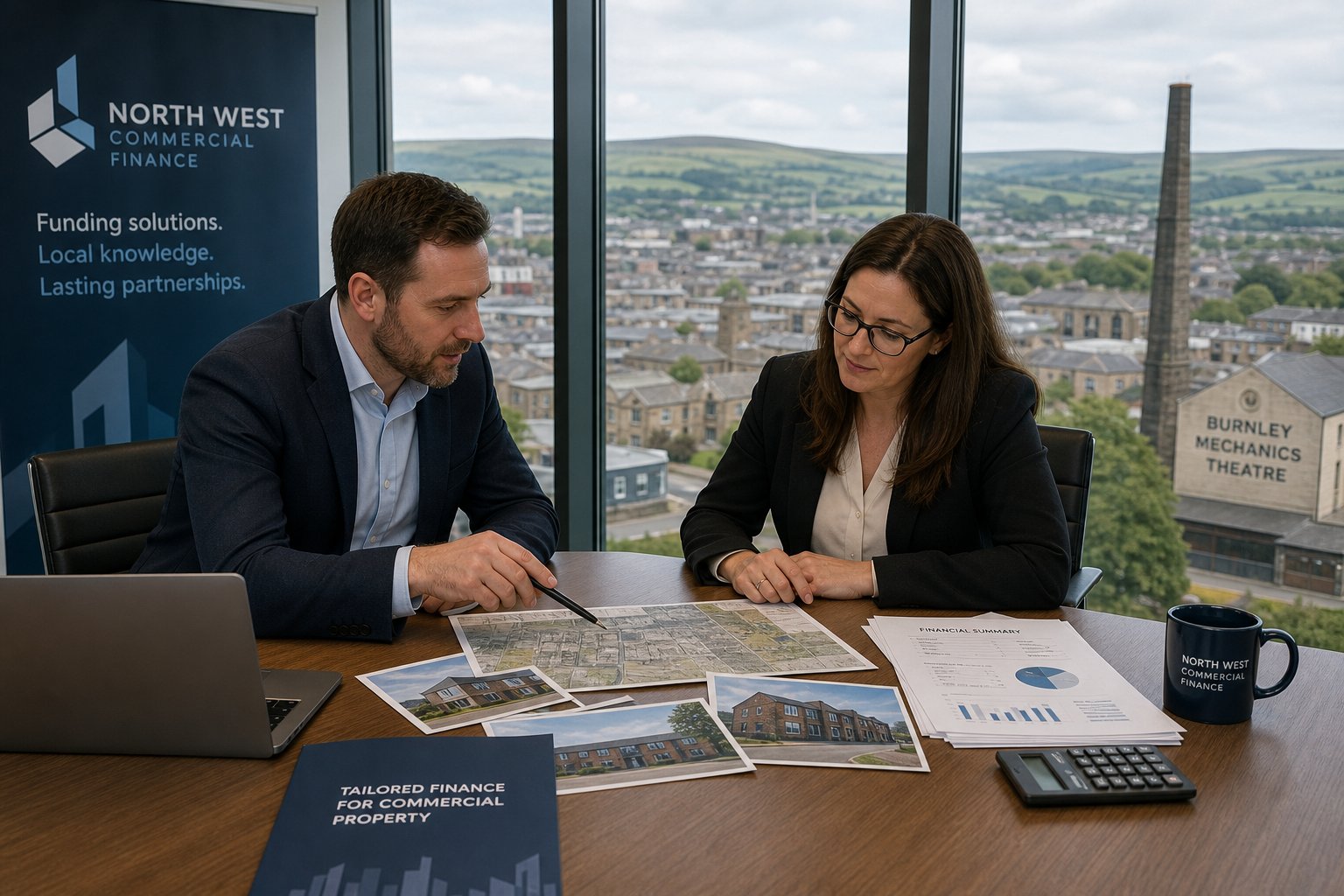 Professionals reviewing local commercial property information with a view over Burnley in a modern office.