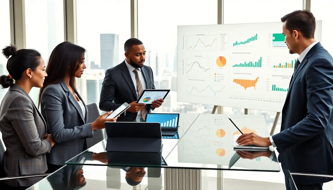 diverse financial analysts discussing global debt solutions in a modern office.
