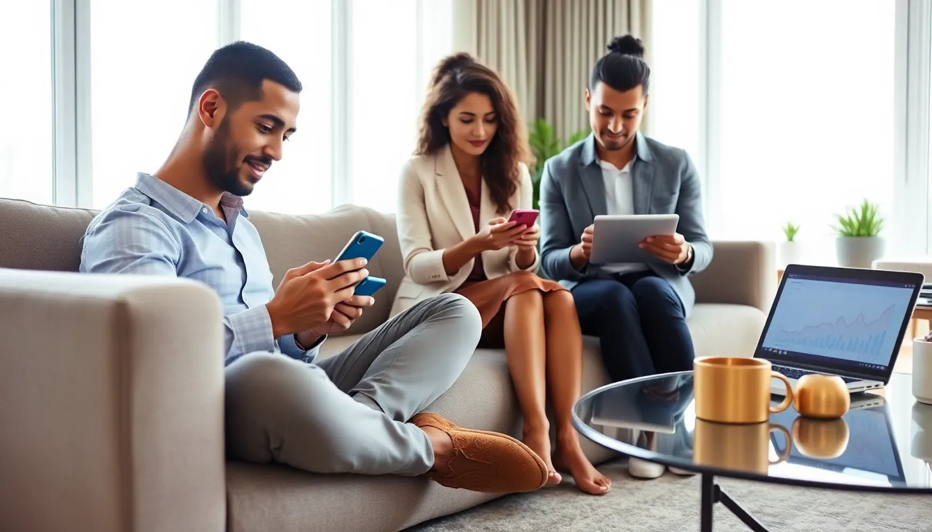 professionals using mobile banking apps in a modern living room setting.