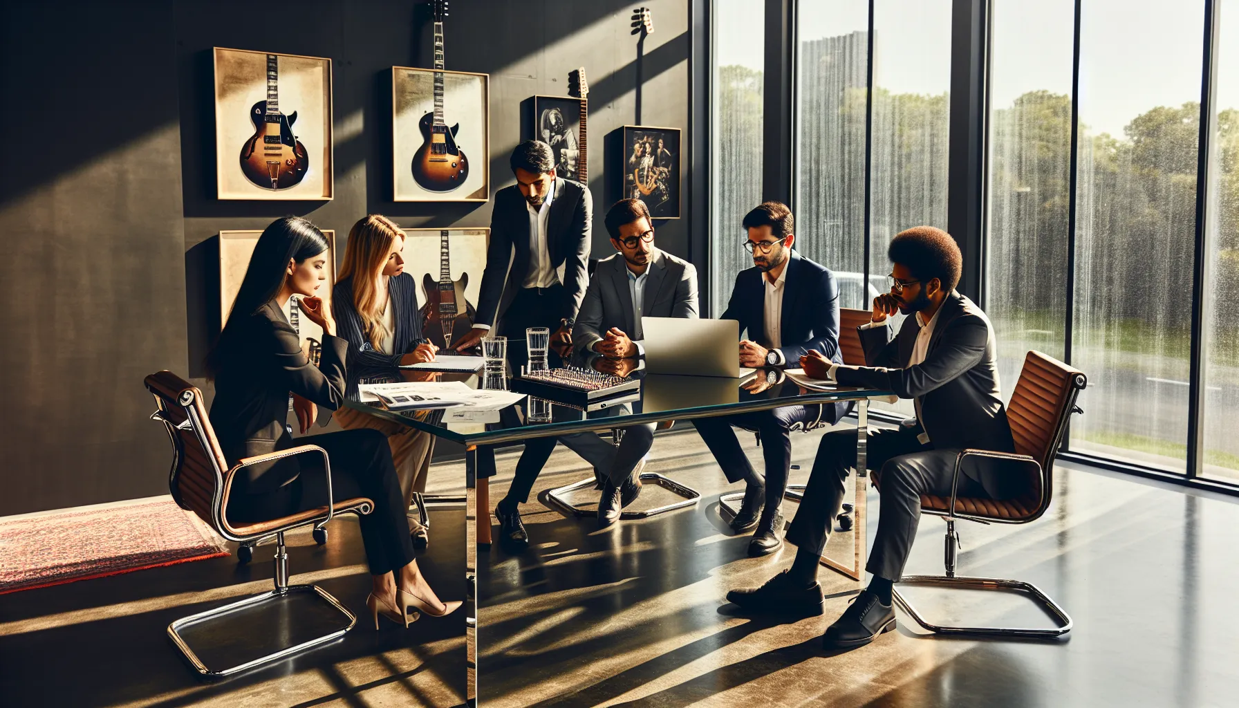 team discussing guitar trade-in values in a modern office.