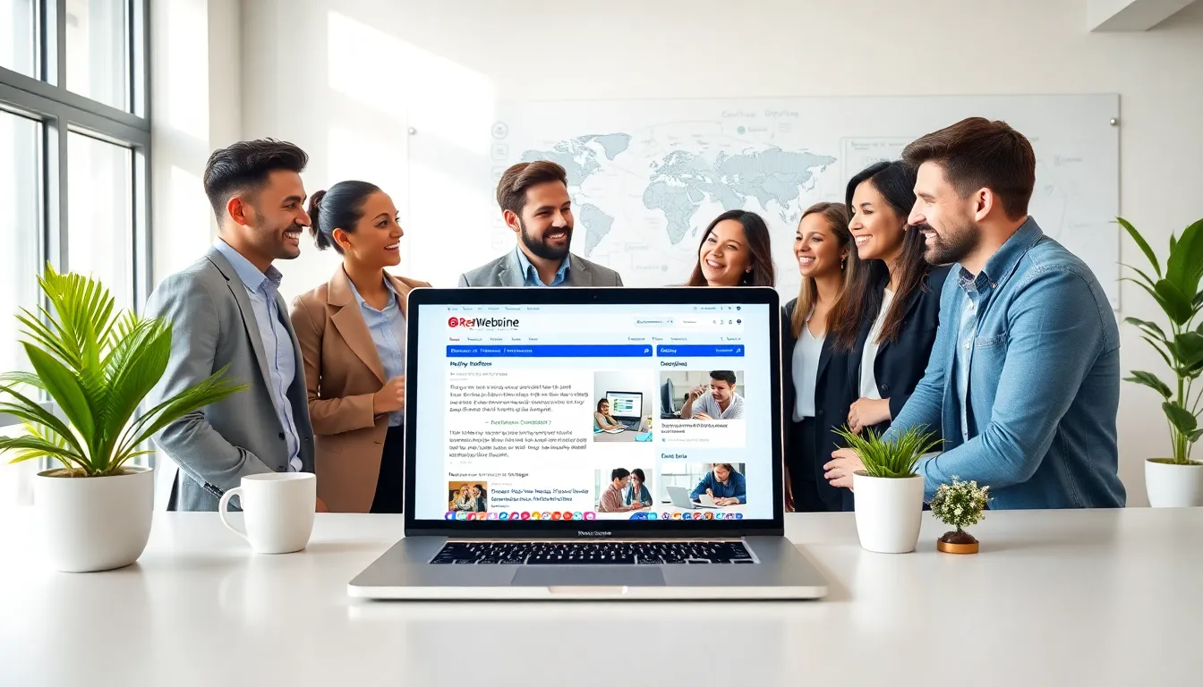 diverse professionals discussing content on @RedWebzine platform in a modern office.