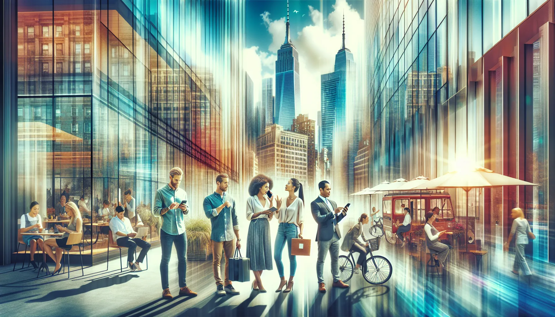 busy Manhattan street with diverse professionals and modern buildings.