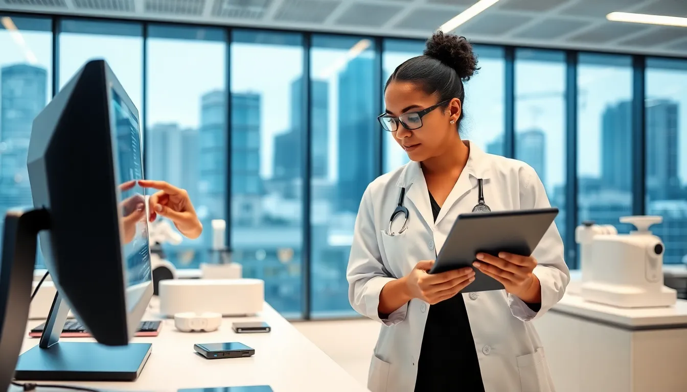 scientists collaborating on technology trends in a modern lab.